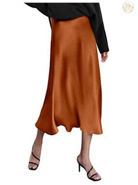 High Waist Satin Midi Skirt Elegant Party Wedding Dance Skirt